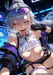 honkai:_star_rail honkai_(series) silver_wolf_(honkai:_star_rail) silver_wolf_(lv.999)_(honkai:_star_rail) miyuai ai_generated ai_assisted thick_thighs thick_ass thick thick_legs thick_hips thick_butt wide_hips wide_thighs voluptuous voluptuous_female curvy curvy_figure curvaceous curvy_female female breasts 1girl gloves tongue long_hair nipples jacket tongue_out fingerless_gloves rating:questionable looking_at_viewer open_mouth bare_shoulders eyewear_on_head blush earrings solo navel thigh_strap belt bangs black_gloves silver_hair garter_belt multicolored_hair thighs shorts mole grey_hair mask thighhighs smile areolae single_thighhigh