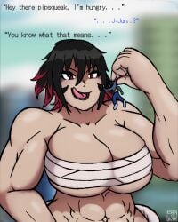 abs big_beautiful_women:_giantess_dating_action black_hair black_hair_female black_haired_female c0nchoboor_(artist) chest_wraps conchoboar_(artist) dark-haired_female dark_hair dark_hair_female dialogue extreme_size_difference female_abs female_pred giant_female giantess highlights implied_vore jun_(big_beautiful_women) large_breasts larger_female macro macro/micro macro_female male_prey muscular muscular_female naoya_(big_beautiful_women) red_highlights size_difference smaller_male vore