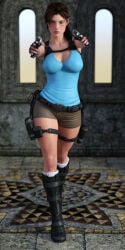 1:2 3d 3d_(artwork) aiming aiming_gun alternate_outfit armed bare_shoulders brown-haired_female cleavage collarbone denim_shorts disinterested dual_wielding emotionless emotionless_female expressionless guhzcoituz high_resolution holding_guns holding_pistol huge_breasts jean_shorts lara_croft leaning_hips leaning_to_the_side locked_in long-haired_female mature_woman tactical_belt tomb_raider uncaring uncaring_female uninterested uninterested_female