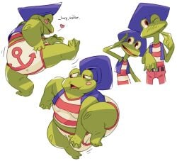 2020 amphibian anthro banjo-kazooie belt biped blue_clothing blue_hat blue_headwear blush clothed clothing digital_media_(artwork) flookz frog green_body hat headgear headwear heart_symbol jolly_dodger male multiple_images overweight overweight_anthro overweight_male pattern_clothing pattern_shirt pattern_topwear rareware shirt simple_background smile solo striped_clothing striped_shirt striped_topwear stripes topwear underwear white_background