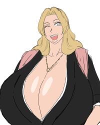 momiji_(artist) matsumoto_rangiku bleach big_breasts large_breasts breasts breasts_bigger_than_head alternate_breast_size smile smiling white_background solo solo_focus solo_female female female_only female_focus woman woman_only upper_body upper_body_focus long_hair long_hair_female robe black_robe wink winking winking_at_viewer necklace chain_necklace beauty_mark beauty_mark_under_mouth open_mouth blonde_hair blonde_hair_female