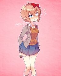 1girls 596o3 aroused artist_name blue_eyes blue_skirt blush bow breasts cleavage clothes clothing doki_doki_literature_club female hairbow heart just_sayori knees_together_feet_apart panties panties_pull pulling_panties red_bow red_hair_bow red_hairbow sayori_(doki_doki_literature_club) sex_now skirt smile smiling socks strawberry_blonde_hair twitter_username white_panties