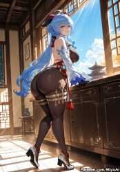 1girl ahoge ai_assisted ai_generated architecture ass bare_shoulders black_legwear blue_hair blush book bookshelf breasts closed_mouth curvaceous curvy curvy_female curvy_figure detached_sleeves dress east_asian_architecture elbow_gloves female full_body ganyu_(genshin_impact) genshin_impact gloves hair_between_eyes high_heels indoors large_breasts long_hair looking_at_viewer looking_back miyuai pantyhose skindentation sky smile solo standing thick thick_ass thick_butt thick_hips thick_legs thick_thighs thighband_pantyhose thighhighs thighs very_long_hair voluptuous voluptuous_female wide_hips wide_thighs window