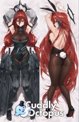 arknights:_endfield ember_(arknights:_endfield) red_hair long_hair blue_highlights multicolored_hair 1girls solo_female playboy_bunny bunny_ears rabbit_ears rabbit_tail fake_animal_ears fake_tail pantyhose leotard dakimakura_(medium) yellow_eyes iwbitu halo metal_halo
