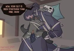 aquatic bdsm billfish black_body blue_frill bondage bone bound clothing dark_blue_skin demon dominant duo english_text erection fish frill_(anatomy) gloves handwear head_crest head_frill headgear headwear hi_res indoor_sex inside istiophoriform karsiv_(luvamisguilty) kobold larger_dom luvamisguilty male marlin multicolored_body onomatopoeia penetration penis restrained restrained_arms restrained_legs sailfish scalie size_difference skull skull_head slit_penetration slit_penis slit_play sound_effects speech_bubble stuck stuck_together text two_tone_body wrapped_up wrappings