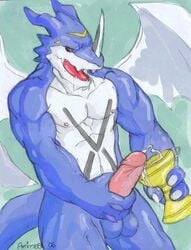 1boy artimas balls big_balls claws cum cumshot digimon dragon erection exveemon face_markings fangs horns male male_only markings masturbation messy muscles nude open_mouth orgasm penis red_eyes reptile scalie solo standing tail wings