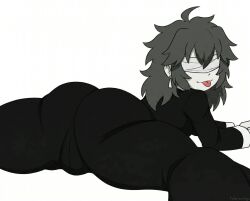 2d 2d_(artwork) artist_name ass ass_focus blind blindfold blindfolded dark_clothing digital_media grey_hair hentai oc original original_art original_character porn pussy tvdemonrage white_background white_body