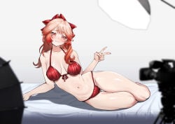 1girl arknights arm_support bare_arms bare_legs bare_shoulders bed bikini blurry_foreground blush bow breasts breasts_apart camera closed_mouth clothing collarbone female front-tie_bikini_top front-tie_top full_body ghosty_(xiaobai) gradient_hair hair_bow halterneck haruka_(arknights) large_breasts leaning_to_the_side long_hair looking_at_viewer lying medium_breasts multicolored_hair navel on_bed on_side orange_hair pink_hair red_bikini red_bow red_eyes red_hair red_ribbon red_swimsuit simple_background solo stomach string_bikini swimsuit thigh_gap thighs two-tone_hair v yokozuwari