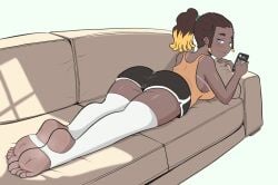 1girls 2026 ass beautiful big_ass blue_eyes brown_hair feet feet_together female female_only foot_fetish high_resolution highres holding_phone laying_on_sofa laying_on_stomach looking_back oc original_character perfect_body perfect_legs phone ponytail sfw smiling_at_viewer smug_face sofa soles stirrup_legwear tan_skin tank_top taterdouce thick_thighs window_light yellow_hair