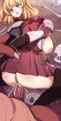 1boy 1girls adventurer arm_grab armor blonde_hair blood blood_on_face blood_stain blue_eyes bone breasts breasts_out cock corpse cum cum_in_pussy cum_inside death decapitated decapitated_head decapitation dragon dress drooling empty_eyes exposed_breasts female female_death gore grabbing guro human_skull interspecies kurohime_(artist) large_breasts light-skinned_female light_skin male monster necrophilia nipples open_mouth penetration penis penis_in_pussy porch pussy severed_head sex skirt skirt_up skull snuff straight torn_clothes twintails vagina vaginal_penetration