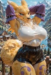 renamon renamon_(digimon) digimon digimon_(species) fur fluffy perfect_body tuft large_breasts sexy anthro facing_viewer looking_at_viewer cute creature furry female body blue eyes tail black yellow tattoo snout animal nose fox ears girl white facial sleeves purple claws armpits hands behind head smile horny aroused bedroom standing shorts tank top shirt in voluptuous large breasts mountain trees holdsteady tagme ai_generated ai_assisted patreon patreon_username