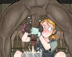 1girl background big_balls big_penis big_testicles circumcised cum cum_drip cumshot denim denim_clothing farm farmer farmgirl female_handjob gloved_handjob gloves hairy_male hand_on_penis handjob lucumano male_ass milking milking_handjob nervous nervous_expression nervous_face nervous_female nervous_sweat nervous_sweating oc oc_character orange-haired_female original_character overalls redhead scrotum semen semen_drip semen_dripping size_difference sweat sweatdrop sweating sweaty sweaty_balls sweaty_body vein veins veiny_penis