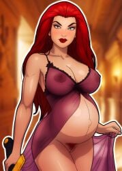 1girls big_breasts red_hair blue_eyes blurred_background blush breasts eyeliner female gingiensfw glossy_lips happy heavily_pregnant large_ass long_hair looking_at_viewer mascara massive_breasts milf naked naked_female nightgown pregnant see-through_clothing shiny_hair shiny_skin smile smiling smiling_at_viewer solo_female thick_thighs maxima_queen_of_almerac dcau superman_(series) superman:_the_animated_series holding_sword sword hairy_pussy