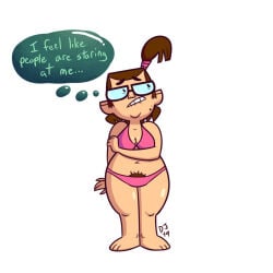 2019 2d barefoot beth_(tdi) bikini breasts brown_hair busty cleavage dustindemon embarrassed english_text female female_focus female_only full_body glasses hourglass_figure light-skinned_female light_skin long_hair medium_breasts navel ponytail pubes pubic_hair pubic_hair_peek standing tagme text total_drama_island wide_hips
