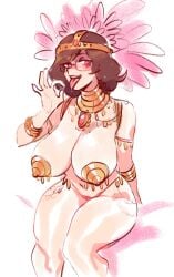 brellom brellom_(character) brellomascot brells artist_self-insert glasses big_breasts light-skinned_female female brown_hair digital_drawing_(artwork) original_character original beauty_mark beauty_mark_on_breasts functionally_nude metal_cuffs metal_collar headdress metal_pasties tongue_out looking_at_viewer horny 1girls blowjob_gesture drooling blushing pink_eyes 2020s 2026