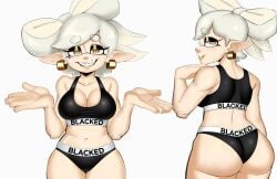 1girls solo large_breasts breasts cleavage yellow_eyes half-closed_eyes earrings pointy_ears inkling nintendo splatoon marie_(splatoon) gray_hair looking_back ass grin smile mole looking_at_viewer back_to_zero blacked blacked_clothing sports_bra panties ai_generated ai_assisted grok edit