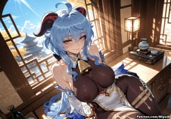 1girl ahoge ai_assisted ai_generated bangs bare_shoulders black_legwear blue_hair blush breasts china_dress closed_mouth covered_navel covered_nipples curvaceous curvy curvy_female curvy_figure day detached_sleeves dress eyebrows_visible_through_hair female ganyu_(genshin_impact) genshin_impact hair_between_eyes hair_ornament horns indoors jewelry large_breasts long_hair looking_at_viewer miyuai sitting sky smile solo st._louis_(azur_lane) thick thick_ass thick_butt thick_hips thick_legs thick_thighs voluptuous voluptuous_female wide_hips wide_thighs window