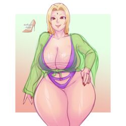 1girls big_breasts blonde_hair breasts brown_eyes cleavage female female_only forehead_jewel green_robe hair hand_on_hip hips huge_breasts lips madam_stiletto mature mature_female mature_woman milf nail_polish nails naruto naruto_(series) open_robe red_nail_polish red_nails robe short_hair solo solo_female thick_lips thick_thighs thighs topwear tsunade veiny_breasts