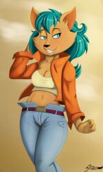 anthro black_nose blue_eyes blue_hair blush bottomwear canid canine clothed clothing female fox g4rron hair hi_res jacket kate_(the_mysteries_of_providence) mammal navel pants smile solo the_mysteries_of_providence topwear