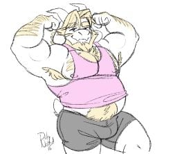 1boy 2d anthro anthro_only armpit_hair asgore_dreemurr bara beard blonde_hair bulge bulge_through_clothing chest_hair clothed clothing color dilf duly_noted ear facial_hair flexing flexing_bicep furry furry_only goat hair horn horns hotpants long_ears looking_at_viewer male male_only mammal mammal_humanoid muscle muscles muscular muscular_male nipples pink_tank_top simple_background solo solo_focus solo_male tank_top tanktop undershirt undertale undertale_(series) white_background