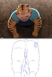 2022 anthro ass balls blush bodily_fluids clothing cum felid genital_fluids genitals hi_res kemono male mammal overweight overweight_male pantherine penis penta002 shirt solo through_wall tiger tongue tongue_out topwear