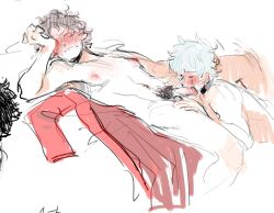 2boys blush colored_sketch completely_nude discarded_clothing doodle erection fellatio gay gintama gintoki_sakata hand_on_another's_head head_grab male male_only male_pubic_hair niichan nude on_back oral penis pubic_hair sakamoto_tatsuma sketch yaoi