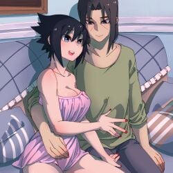 big_breasts black_hair breasts brother_and_sister busty cuddling genderswap_(mtf) gown implied_incest incest indoors long_hair looking_at_breasts male/female migouza nail_polish naruto naruto_(series) naruto_shippuden nightgown on_couch pajamas pants revealing_clothes rule_63 sasuke_uchiha sasuko shirt sitting strapless uchiha_itachi