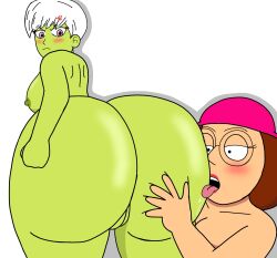 2girls alien alien_girl anger_vein areolae ass ass_focus big_ass blush brown_hair chaoszenog cheelai crossover dragon_ball dragon_ball_super eastern_and_western_character family_guy female female/female female_only glasses green_skin hat human licking licking_ass looking_back meg_griffin multiple_girls nipples tongue tongue_out weird_crossover white_background white_hair yuri