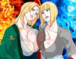 2girls anger_vein angry blonde_hair blue_eyes breast_press breasts brown_eyes cleavage clenched_hands clenched_teeth comparing comparing_breasts competitive facial_mark hand_on_hip huge_breasts large_breasts long_hair mattsun_(lyohei-adgjmptw) multiple_girls naruto naruto_(series) naruto_shippuden ninja open_mouth samui short_hair smile symmetrical_docking teeth tsunade upper_body voluptuous