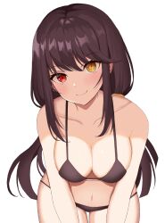 1girls bikini black_hair blush breasts cleavage clock_eyes closed_mouth collarbone date_a_live heterochromia highres huge_breasts long_hair looking_at_viewer navel red_eyes simple_background smile solo standing swimsuit thighs tokisaki_kurumi tti_tti white_background yellow_eyes