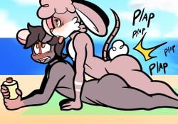 anthro ass beach big_butt blush carmen_(character) duo from_behind_position gay hi_res lagomorph leporid lying male male/male mammal murid murine on_front rabbit rat rodent rudy_(character) sand sea seaside sex taillove_(artist) water