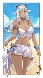 1girls absurdres alternate_costume animal animal_ears armlet ash_(fire_emblem) bikini bikini_skirt black_horns border breasts cleavage closed_mouth collarbone commentary cow_ears cow_girl cow_horns cow_tail dark-skinned_female dark_skin english_commentary female female_only fire_emblem fire_emblem_heroes grey_hair highres horns jewelry large_breasts long_hair looking_at_viewer navel nintendo outdoors outside_border sakuremi signature skirt smile solo stomach swimsuit tail white_bikini white_border white_skirt