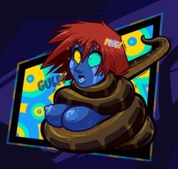 1girls alien alien_girl areolae big_breasts blue_skin breasts choking coiling disney female hypnosis hypnotized kaa kaa_eyes kassidy_(medrifogmatio) medrifogmatio nipples nude nude_female red_hair snake spiral spiral_eyes tagme the_jungle_book wide_eyed