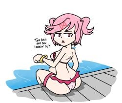 1girls artist_name ass bikini black_text doki_doki_literature_club english_text female female_only itsyaboi_kroggu natsuki_(doki_doki_literature_club) pink_eyes pink_hair question solo solo_female text twintails water