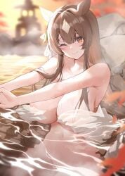 blush blushed blushing blushing_at_viewer breasts brown_hair ear eyebrows_visible_through_hair fog foggy hair_between_eyes hair_ornament head_tilt horse_ears horse_girl hot_spring light-skinned light-skinned_female light_skin long_hair looking_at_viewer mist naked navel nude nude_female onsen rock satono_diamond_(umamusume) sitting smile smiling stretching sunset umamusume visible_nipples water water_drop wet wet_clothed wet_hair wet_skin wink