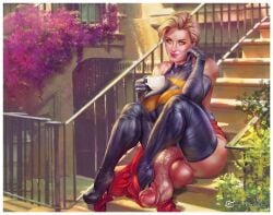 1futa balls blonde_hair bottomless breasts brie_larson captain_marvel carol_danvers clothed clothing detailed_background flaccid futa_only futanari gloves heel_boots huge_balls huge_cock human kinkyjimmy large_breasts large_hips light-skinned_futanari light_skin looking_at_viewer marvel ms._marvel ms._marvel_(carol_danvers) partially_clothed penis penis_out short_hair smiling smiling_at_viewer smirking smug smug_grin solo stairs tea_cup tight_clothing yellow_eyes