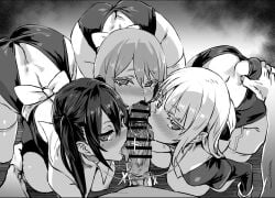 1boy 3girls asanagi ass_cleavage big_ass big_breasts big_butt big_penis blush butt_crack fellatio huge_breasts huge_cock licking licking_penis looking_at_viewer monochrome multiple_girls nun nun_outfit original pale-skinned_female pale_skin penis_awe pov pov_eye_contact