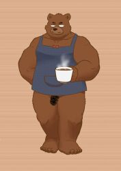 2022 absurd_res anthro apron beverage bow_tie brown_body censored ch_ia_ki clothing coffee flaccid genitals hi_res humanoid_hands kemono kumalino male mammal mug penis roast_(kumalino) sanrio solo ursid