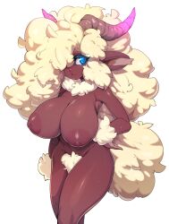 absurdres animal_ears blonde_pubic_hair blue_eyes blush breasts brown_horns closed_mouth commentary dark-skinned_female dark_skin english_commentary female female_pubic_hair furry furry_female gradient hair_over_one_eye hand_on_hip highres horns huge_breasts long_hair looking_at_viewer nipples original pubic_hair sheep_girl sheep_humanoid simple_background slugbox solo sweat tail white_background