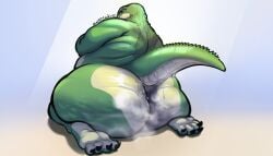 absurd_res anthro ass big_butt bodily_fluids cellulite crocodile crocodilian crocodylid green_body hi_res looking_back male musk nsfsushi nude overweight overweight_anthro overweight_male reptile scalie solo sweat