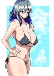 1girls alternate_costume aqua_eyes bare_thighs bikini black_bikini black_swimsuit blue_eyes breasts byleth_(fire_emblem) byleth_(fire_emblem)_(female) cleavage female female_only fire_emblem fire_emblem:_three_houses large_breasts looking_at_viewer medium_hair nintendo o-tomo-koko sideboob simi_zero smile solo swimsuit teal_hair thick_thighs thighs underboob