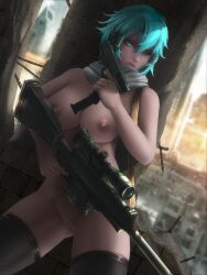 1girls breasts cleavage female female_only looking_at_viewer looking_back pussy sinon solo sword_art_online uncensored xredmhar