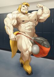 1boy abs absurd_res anthro biceps big_bulge big_muscles blonde_hair bulge clothing dawnheart detailed_background equid equine fetlocks flexing flexing_bicep fur guzreuef hair hi_res hooves horse huge_bulge huge_muscles huge_thighs hyper hyper_bulge hyper_muscles looking_at_viewer male male_only mammal muscular muscular_anthro muscular_male navel pecs presenting quads solo speedo swimwear thick_thighs vein veiny_muscles white_body white_fur