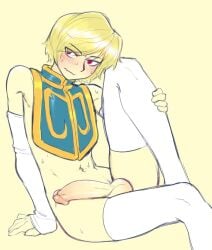 1boy 2018 balls bishonen blonde_hair blush embarrassed erection hunter_x_hunter ittla kurapika large_penis male_focus male_only navel nervous partially_clothed penis precum red_eyes solo_male sweat thighhighs