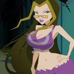 4kids_entertainment brown_hair crop_top darcy_(winx_club) erect_nipples huge_breasts juiceshooters long_hair looking_over_eyewear looking_over_sunglasses midriff navel nickelodeon nipples_visible_through_clothing rainbow_(animation_studio) sunglasses tinted_eyewear wasp_waist wide_hips winx_club