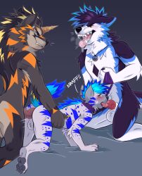 all_fours anthro anthro_on_anthro anthro_penetrated anthro_penetrating anthro_penetrating_anthro balls black_hair blonde_hair blue_body blue_fur blue_hair bodily_fluids canid closed_eyes dark_body dark_fur dark_hair erection fellatio fur genitals glistening glistening_eyes green_eyes grey_balls grey_body grey_fur group group_sex hair hi_res horn jewelry kneeling kneeling_sex knot male male/male male_penetrated male_penetrating male_penetrating_male mammal narrowed_eyes necklace nude oral orange_body orange_eyes orange_fur penetration penile penis princelykaden purple_body purple_fur purple_hair red_penis saliva saliva_on_penis sex side_view simple_background spitroast spots spotted_arms spotted_body spotted_fur spotted_legs striped_arms striped_legs three-quarter_view threesome trio unsigned white_body white_fur