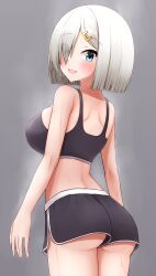 absurdres alternate_costume ass black_bra black_shorts blue_eyes bra breasts cowboy_shot dolphin_shorts eyes_visible_through_hair female from_behind grey_background hair_ornament hair_over_one_eye hairclip hamakaze_(kantai_collection) highres kantai_collection large_breasts looking_at_viewer short_hair shorts solo sports_bra tiemu_(man190) underwear white_hair