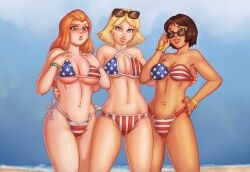 3girls alex_(totally_spies) american_flag_bikini beach big_breasts bikini black_hair blonde_hair blue_eyes blush breasts brown_eyes cleavage clover_(totally_spies) dark_skin eyewear female female_only green_eyes hazel_eyes human l0ngsword large_breasts latina long_hair medium_hair orange_hair pale_skin redhead revealing_clothes sam_(totally_spies) seaside short_hair sunglasses sunglasses_on_head swimwear thick_thighs totally_spies trio voluptuous wristwear yellow_eyes