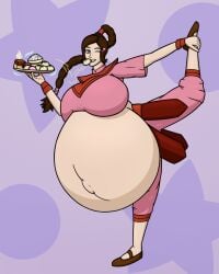 1girls avatar_the_last_airbender belly big_belly big_breasts breasts brown_hair clothing eating female food gigantic_breasts hobnailmirth huge_belly hyper_pregnancy one_eye_closed outie outie_navel plate ponytail pregnant stretching ty_lee