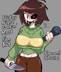 1girls 2d artist_request brown_hair chara fanon_chara female female_only friday_night_funkin knife microphone red_eyes solo tagme undertale undertale_(series)